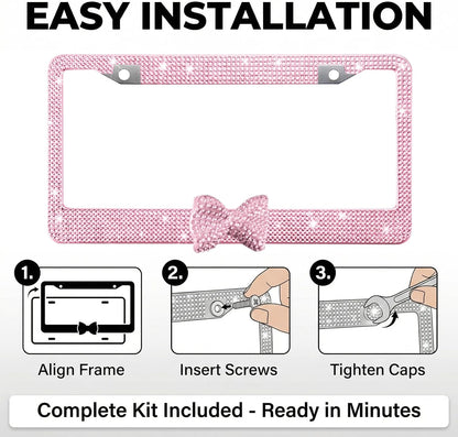 1 Pack Pink Bling License Plate Frame with Rhinestone Bow