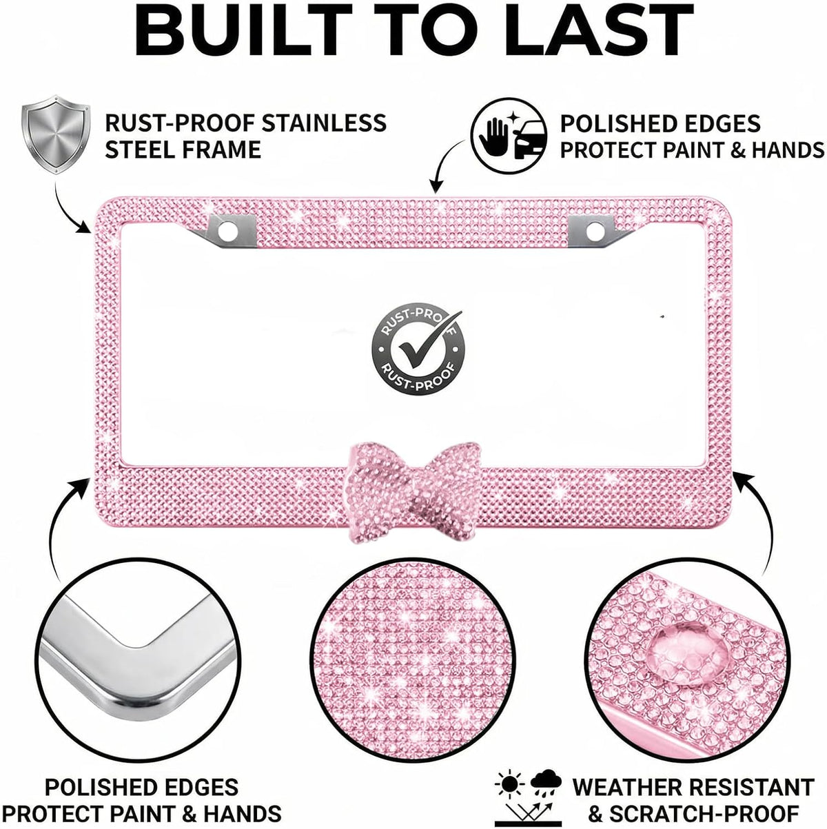 1 Pack Pink Bling License Plate Frame with Rhinestone Bow
