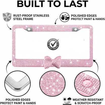 1 Pack Pink Bling License Plate Frame with Rhinestone Bow
