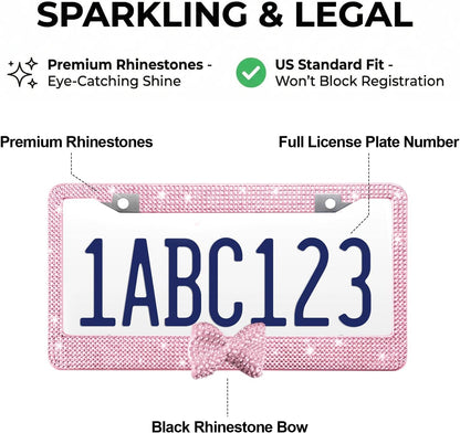 1 Pack Pink Bling License Plate Frame with Rhinestone Bow
