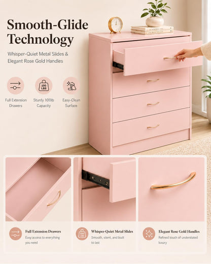 Pink 4 Drawer Dresser, Modern Small Chest of Drawers