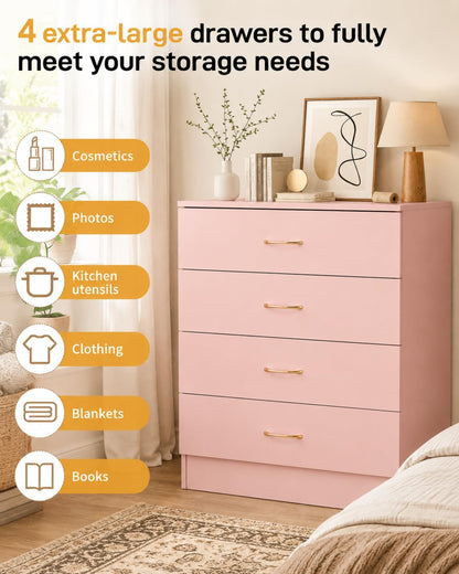 Pink 4 Drawer Dresser, Modern Small Chest of Drawers