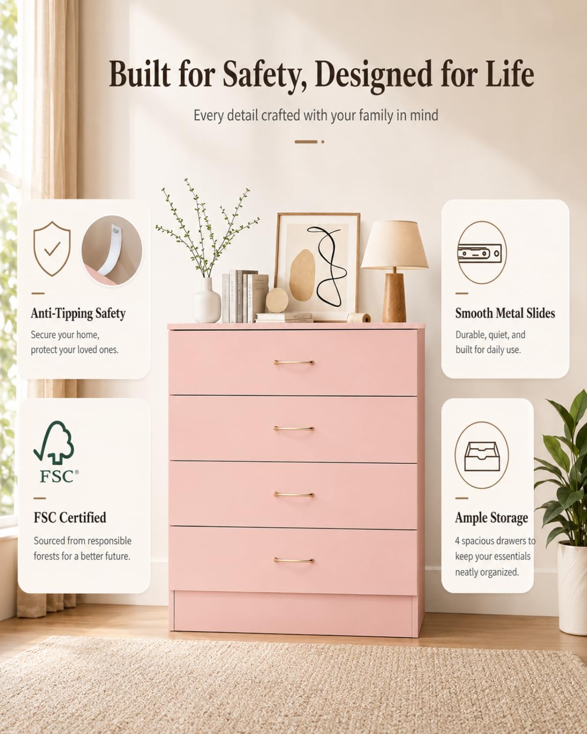 Pink 4 Drawer Dresser, Modern Small Chest of Drawers