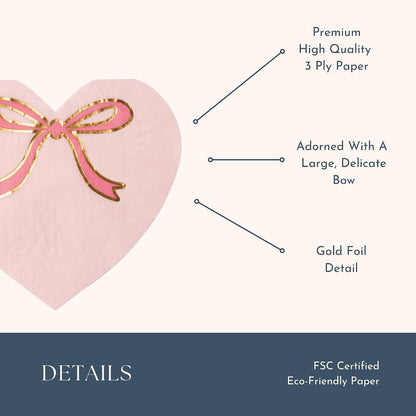 Light Pink Signature Bow Heart Napkins, Pack of 20, 6.5"