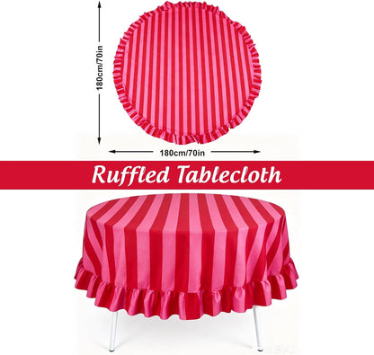 Ruffle Tablecloth Boho Pink Red Striped Table Cloth Round Decorative Table Cover for Home Kitchen Baby Shower Party Wedding Decor, 70 Inch