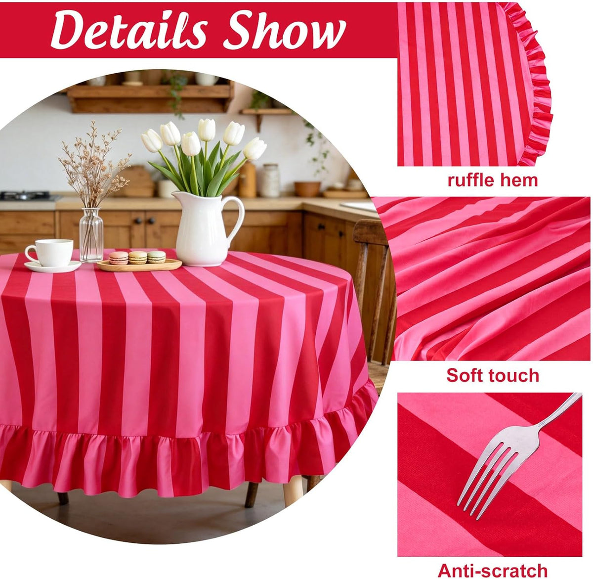 Ruffle Tablecloth Boho Pink Red Striped Table Cloth Round Decorative Table Cover for Home Kitchen Baby Shower Party Wedding Decor, 70 Inch