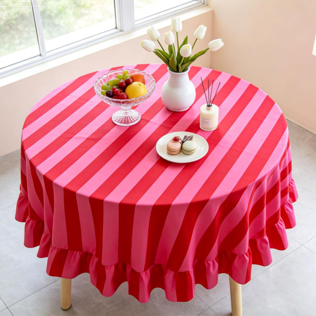 Ruffle Tablecloth Boho Pink Red Striped Table Cloth Round Decorative Table Cover for Home Kitchen Baby Shower Party Wedding Decor, 70 Inch