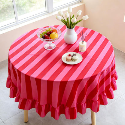 Ruffle Tablecloth Boho Pink Red Striped Table Cloth Round Decorative Table Cover for Home Kitchen Baby Shower Party Wedding Decor, 70 Inch