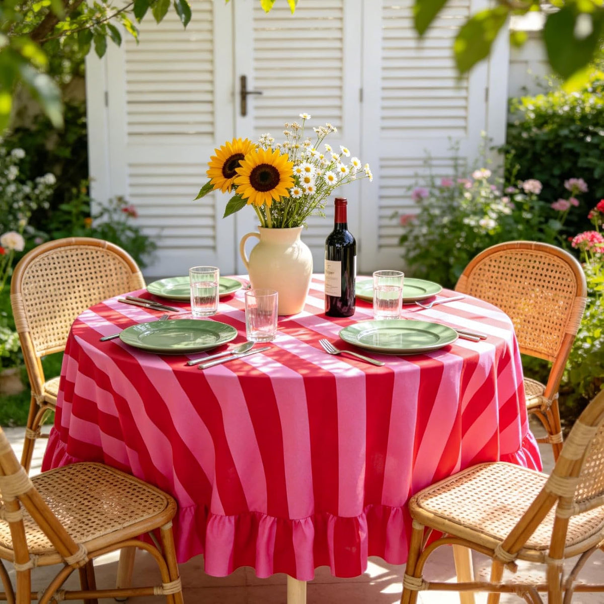 Ruffle Tablecloth Boho Pink Red Striped Table Cloth Round Decorative Table Cover for Home Kitchen Baby Shower Party Wedding Decor, 70 Inch