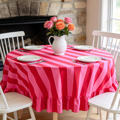 Ruffle Tablecloth Boho Pink Red Striped Table Cloth Round Decorative Table Cover for Home Kitchen Baby Shower Party Wedding Decor, 70 Inch