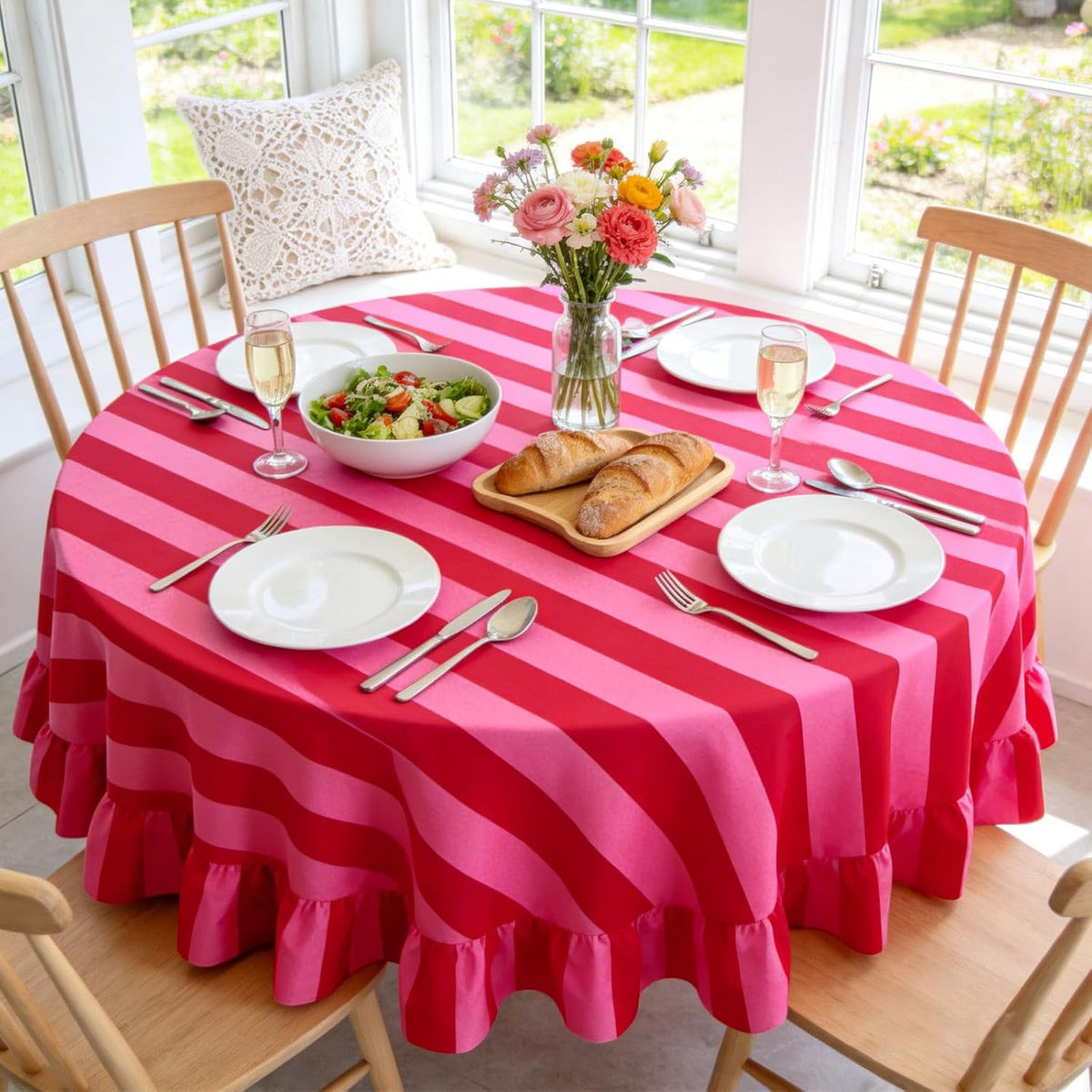 Ruffle Tablecloth Boho Pink Red Striped Table Cloth Round Decorative Table Cover for Home Kitchen Baby Shower Party Wedding Decor, 70 Inch