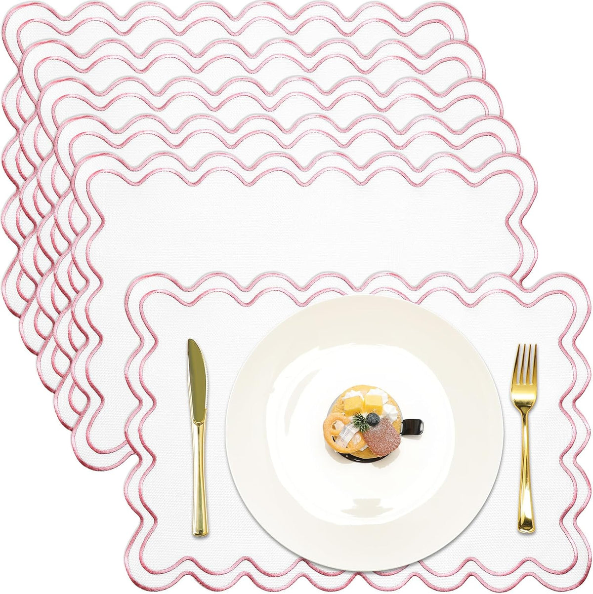 White with Pink Set of 6 Cotton Linen Wedding Placemats, 13x19 Inch Scalloped Wavy Embroidery Placemat Double Layered Washable Rustic Rectangle Dinner Table Mat for Home Decor