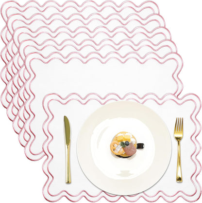 White with Pink Set of 6 Cotton Linen Wedding Placemats, 13x19 Inch Scalloped Wavy Embroidery Placemat Double Layered Washable Rustic Rectangle Dinner Table Mat for Home Decor