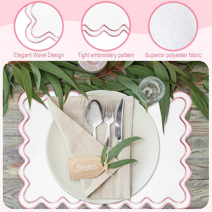 White with Pink Set of 6 Cotton Linen Wedding Placemats, 13x19 Inch Scalloped Wavy Embroidery Placemat Double Layered Washable Rustic Rectangle Dinner Table Mat for Home Decor