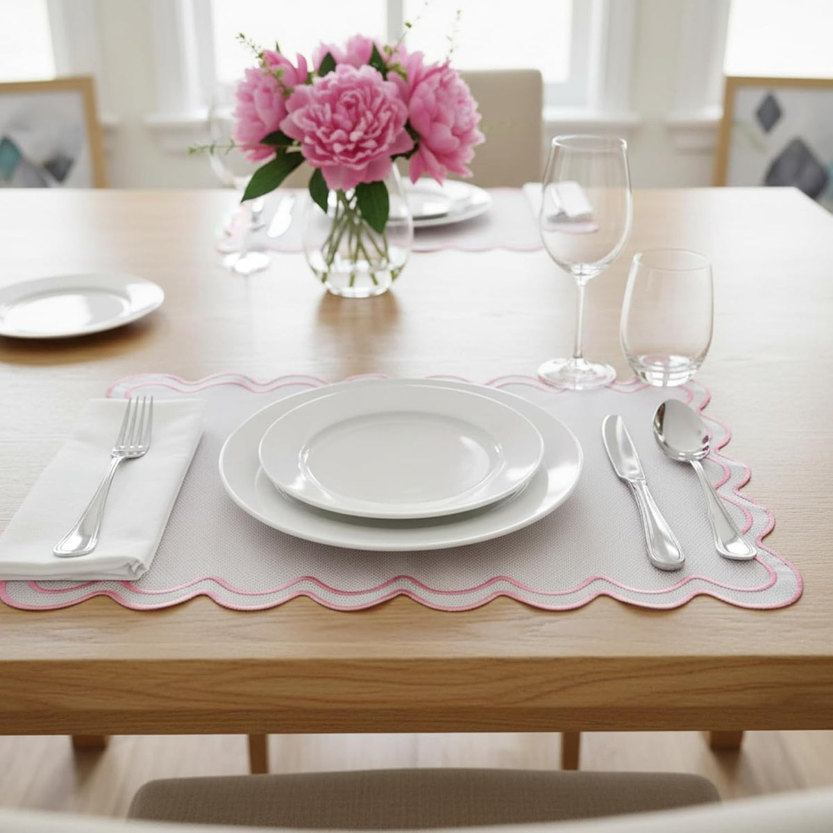 White with Pink Set of 6 Cotton Linen Wedding Placemats, 13x19 Inch Scalloped Wavy Embroidery Placemat Double Layered Washable Rustic Rectangle Dinner Table Mat for Home Decor