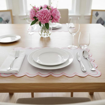 White with Pink Set of 6 Cotton Linen Wedding Placemats, 13x19 Inch Scalloped Wavy Embroidery Placemat Double Layered Washable Rustic Rectangle Dinner Table Mat for Home Decor