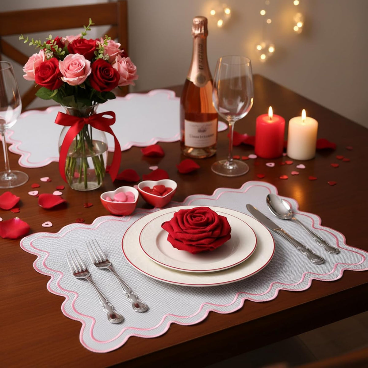 White with Pink Set of 6 Cotton Linen Wedding Placemats, 13x19 Inch Scalloped Wavy Embroidery Placemat Double Layered Washable Rustic Rectangle Dinner Table Mat for Home Decor