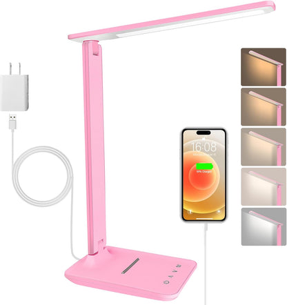 LED Desk Lamp Dimmable Table Lamp Reading Lamp with USB Charging Port, 5 Lighting Modes, Sensitive Control, 30/60 Minutes Timer Pink (Pink, First-Generation)