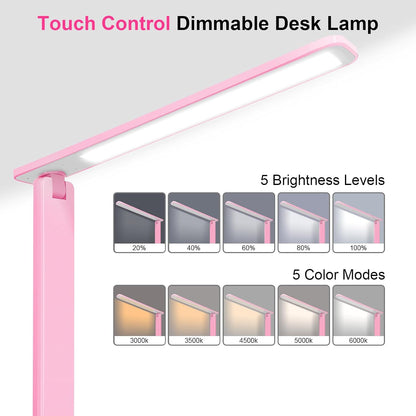 LED Desk Lamp Dimmable Table Lamp Reading Lamp with USB Charging Port, 5 Lighting Modes, Sensitive Control, 30/60 Minutes Timer Pink (Pink, First-Generation)