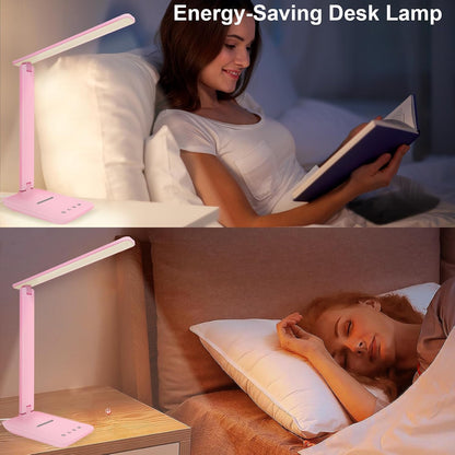 LED Desk Lamp Dimmable Table Lamp Reading Lamp with USB Charging Port, 5 Lighting Modes, Sensitive Control, 30/60 Minutes Timer Pink (Pink, First-Generation)