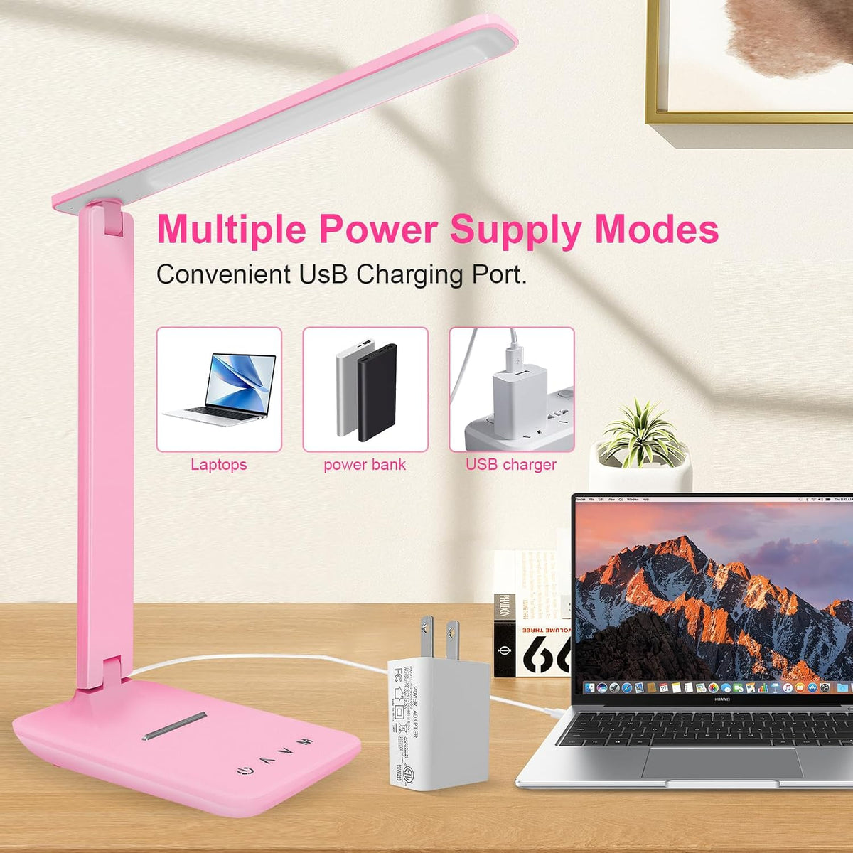 LED Desk Lamp Dimmable Table Lamp Reading Lamp with USB Charging Port, 5 Lighting Modes, Sensitive Control, 30/60 Minutes Timer Pink (Pink, First-Generation)