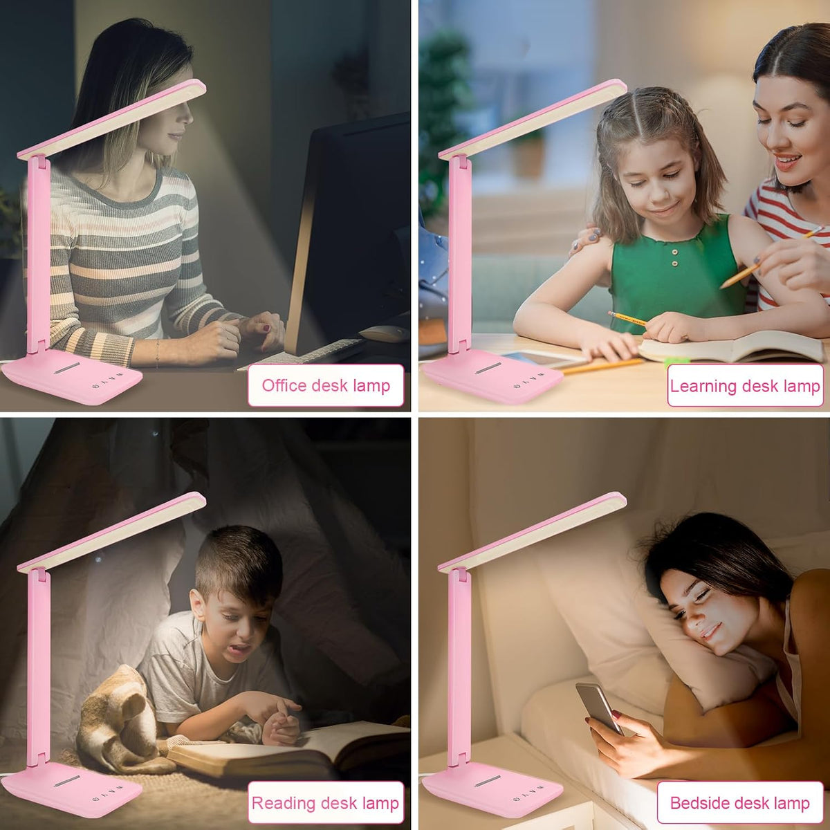 LED Desk Lamp Dimmable Table Lamp Reading Lamp with USB Charging Port, 5 Lighting Modes, Sensitive Control, 30/60 Minutes Timer Pink (Pink, First-Generation)