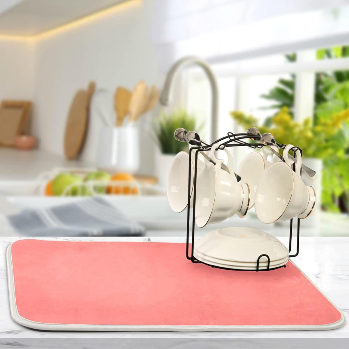 Dish Drying Mat for Kitchen Counter 16 x 18 Inch Absorbent Microfiber Dry Dishes Mats Drainer Mat Peach Pink Dish Drying Pad for Countertops Decor