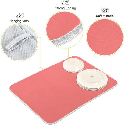 Dish Drying Mat for Kitchen Counter 16 x 18 Inch Absorbent Microfiber Dry Dishes Mats Drainer Mat Peach Pink Dish Drying Pad for Countertops Decor