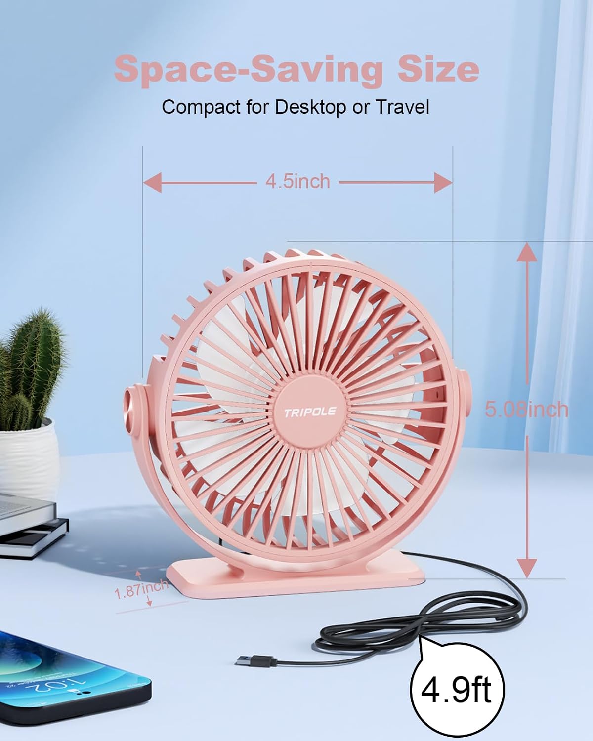 USB Desk Fan Small Portable, 360° Rotation Quiet Mini Personal Fan