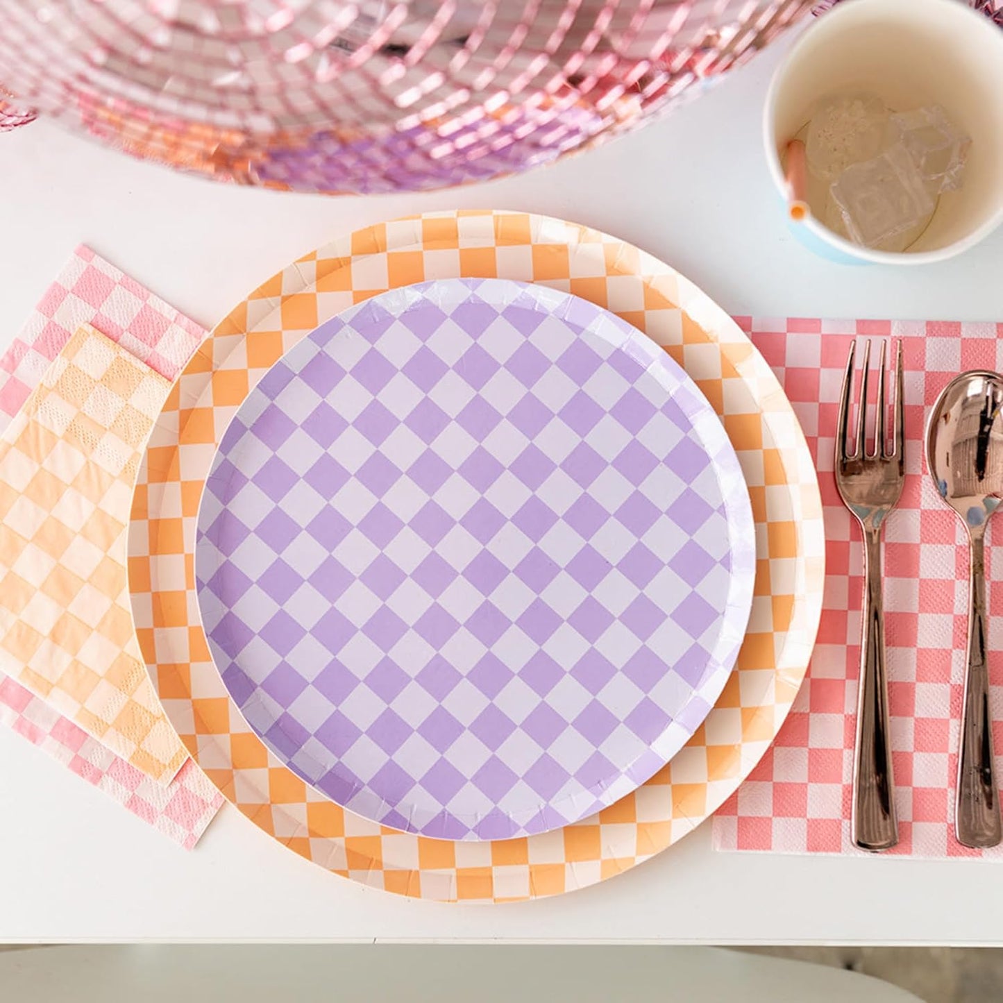 Jollity & Co Check It! Dinner Plates - Peaches N' Cream Paper Plates - Pack of 8 Paper Plates Disposable - Checkered Pattern Party Plates for Baby Showers, Summer Parties, Birthday Decorations