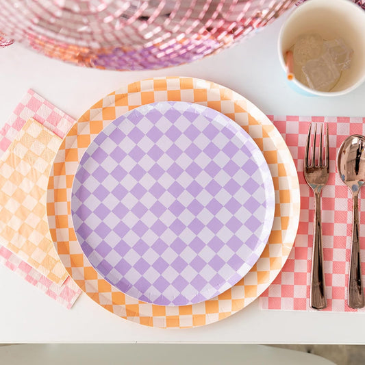 Jollity & Co Check It! Dinner Plates - Peaches N' Cream Paper Plates - Pack of 8 Paper Plates Disposable - Checkered Pattern Party Plates for Baby Showers, Summer Parties, Birthday Decorations