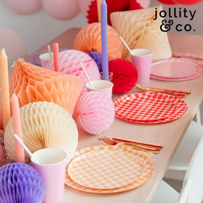 Jollity & Co Check It! Dinner Plates - Peaches N' Cream Paper Plates - Pack of 8 Paper Plates Disposable - Checkered Pattern Party Plates for Baby Showers, Summer Parties, Birthday Decorations
