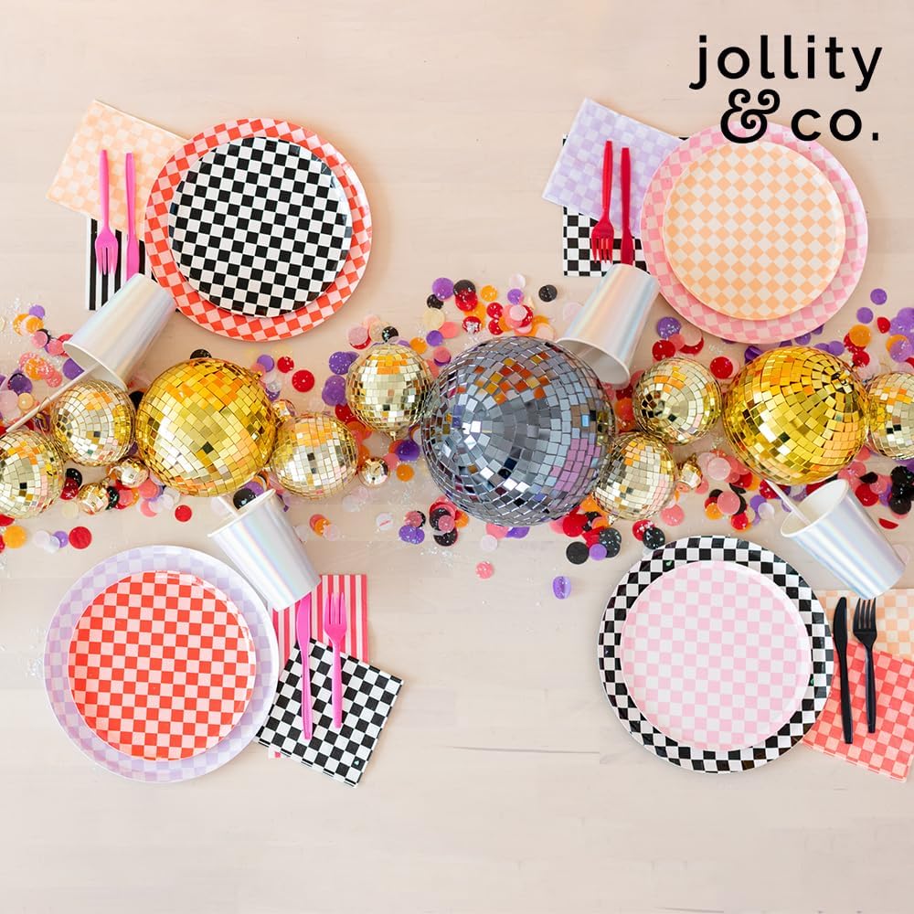Jollity & Co Check It! Dinner Plates - Peaches N' Cream Paper Plates - Pack of 8 Paper Plates Disposable - Checkered Pattern Party Plates for Baby Showers, Summer Parties, Birthday Decorations