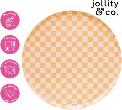 Jollity & Co Check It! Dinner Plates - Peaches N' Cream Paper Plates - Pack of 8 Paper Plates Disposable - Checkered Pattern Party Plates for Baby Showers, Summer Parties, Birthday Decorations