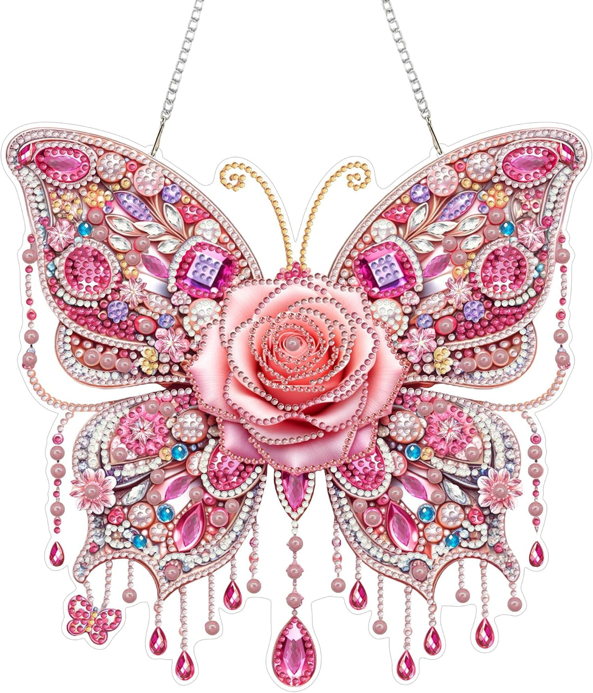 DIY Hanging Diamond Art Pendant Kit, Special Crystal Double Sided Diamonds Painting Ornament Kit for Adults, Acrylic Gem Painting Board for Window&Door&Wall (Pink Butterfly)