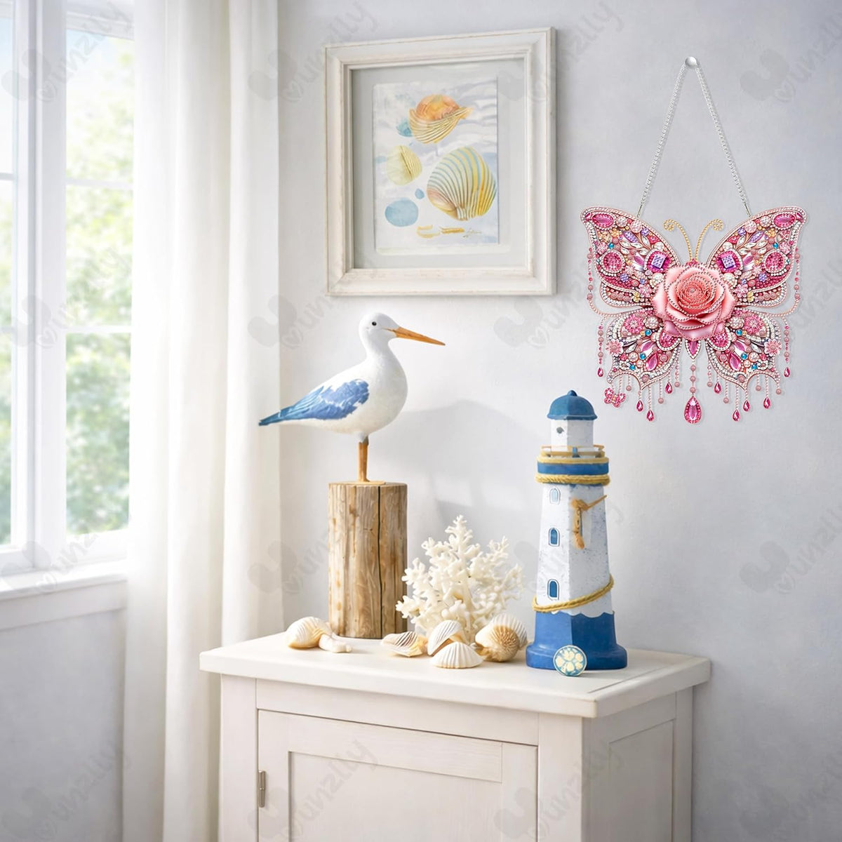 DIY Hanging Diamond Art Pendant Kit, Special Crystal Double Sided Diamonds Painting Ornament Kit for Adults, Acrylic Gem Painting Board for Window&Door&Wall (Pink Butterfly)