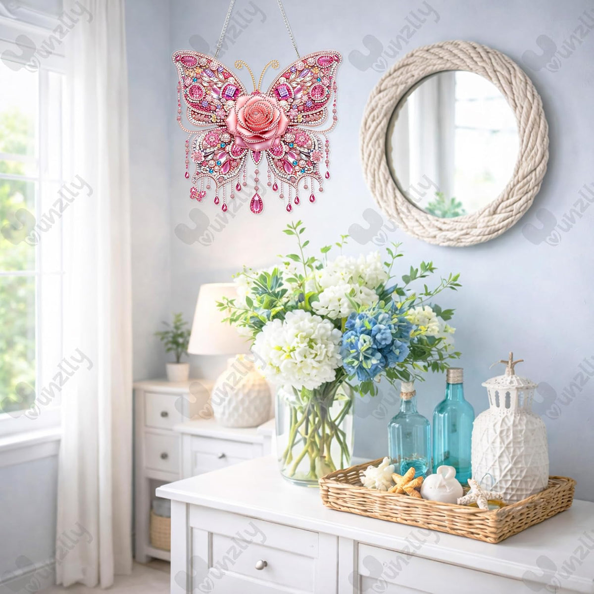 DIY Hanging Diamond Art Pendant Kit, Special Crystal Double Sided Diamonds Painting Ornament Kit for Adults, Acrylic Gem Painting Board for Window&Door&Wall (Pink Butterfly)