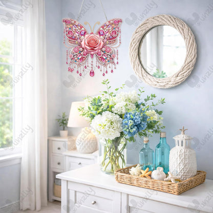 DIY Hanging Diamond Art Pendant Kit, Special Crystal Double Sided Diamonds Painting Ornament Kit for Adults, Acrylic Gem Painting Board for Window&Door&Wall (Pink Butterfly)