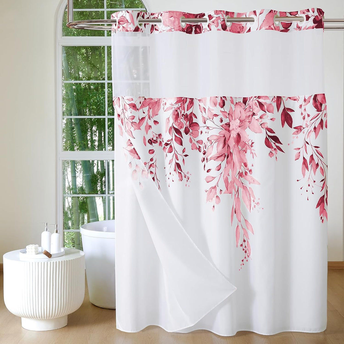 No Hook Shower Curtain with Snap in Fabric Liner, Pink, 72 x 75