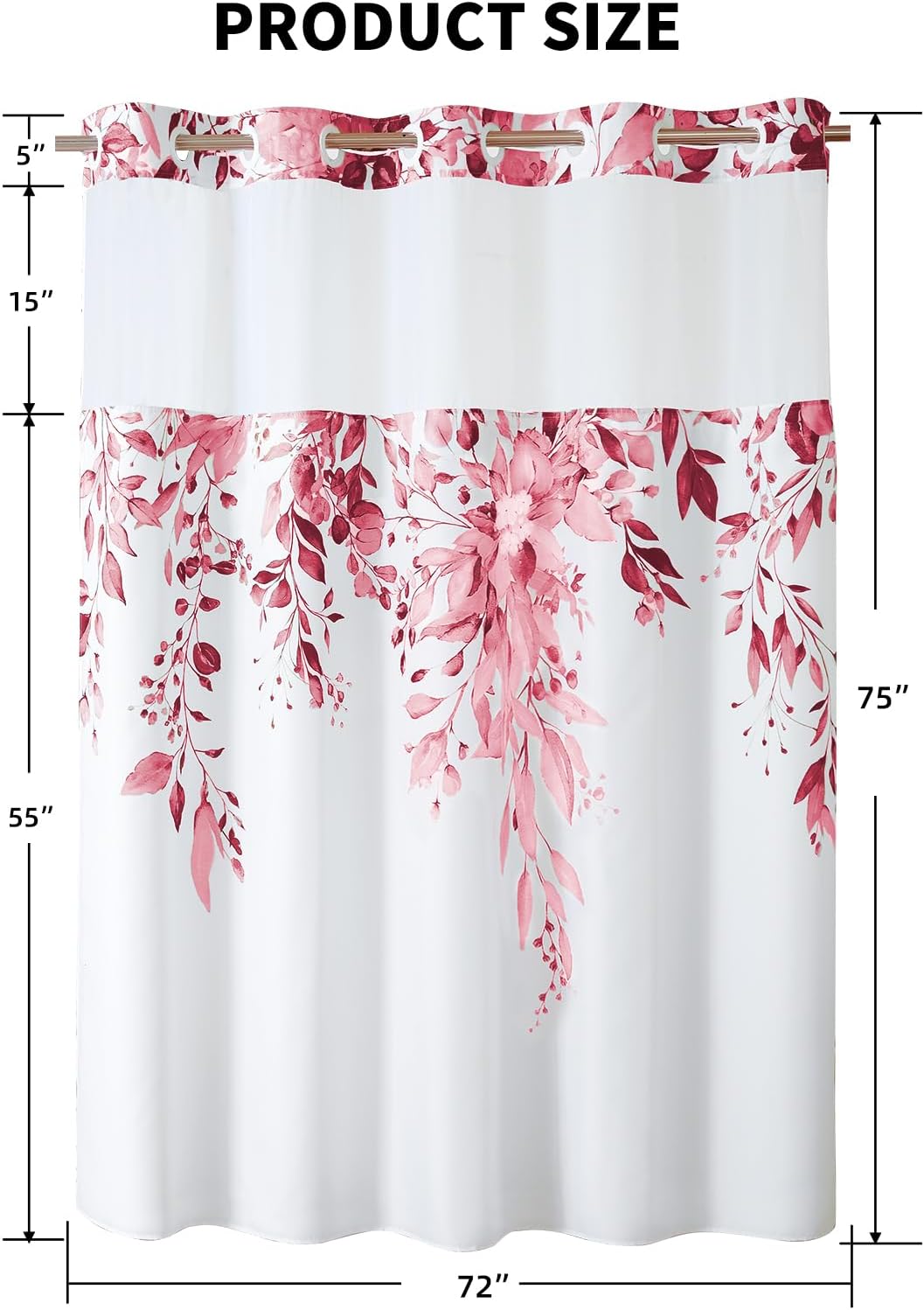 No Hook Shower Curtain with Snap in Fabric Liner, Pink, 72 x 75