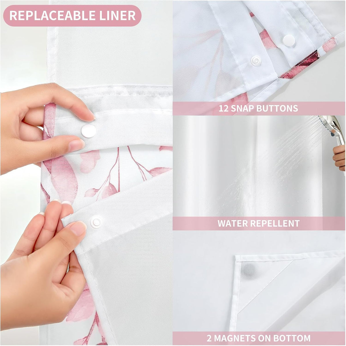 No Hook Shower Curtain with Snap in Fabric Liner, Pink, 72 x 75