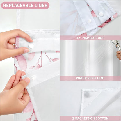 No Hook Shower Curtain with Snap in Fabric Liner, Pink, 72 x 75
