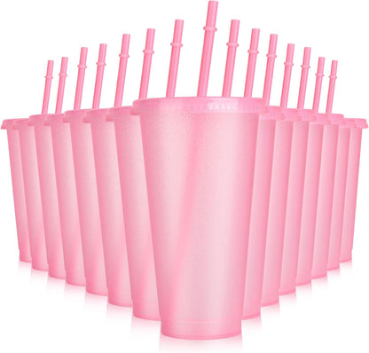 16-Piece Reusable Cups with Lids and Straws, 24 oz Glitter Plastic Tumbler Iced Coffee Cups Travel Mugs for Smoothies, Juices, Beach, Bachelor Party (Light Pink)