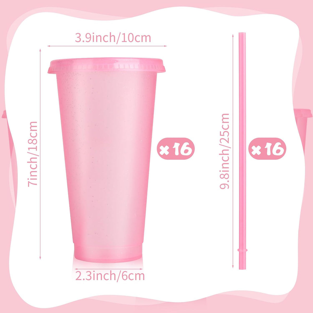 16-Piece Reusable Cups with Lids and Straws, 24 oz Glitter Plastic Tumbler Iced Coffee Cups Travel Mugs for Smoothies, Juices, Beach, Bachelor Party (Light Pink)