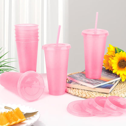 16-Piece Reusable Cups with Lids and Straws, 24 oz Glitter Plastic Tumbler Iced Coffee Cups Travel Mugs for Smoothies, Juices, Beach, Bachelor Party (Light Pink)