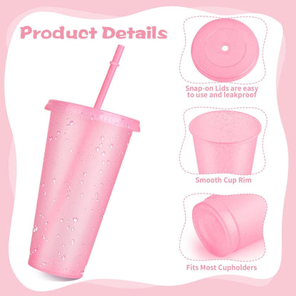 16-Piece Reusable Cups with Lids and Straws, 24 oz Glitter Plastic Tumbler Iced Coffee Cups Travel Mugs for Smoothies, Juices, Beach, Bachelor Party (Light Pink)
