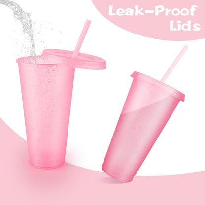 16-Piece Reusable Cups with Lids and Straws, 24 oz Glitter Plastic Tumbler Iced Coffee Cups Travel Mugs for Smoothies, Juices, Beach, Bachelor Party (Light Pink)
