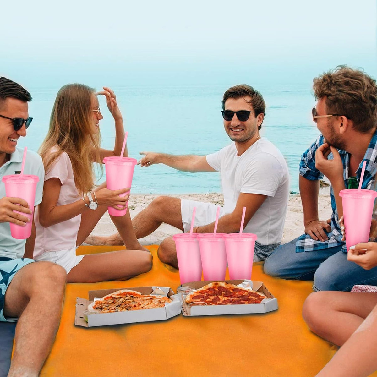16-Piece Reusable Cups with Lids and Straws, 24 oz Glitter Plastic Tumbler Iced Coffee Cups Travel Mugs for Smoothies, Juices, Beach, Bachelor Party (Light Pink)