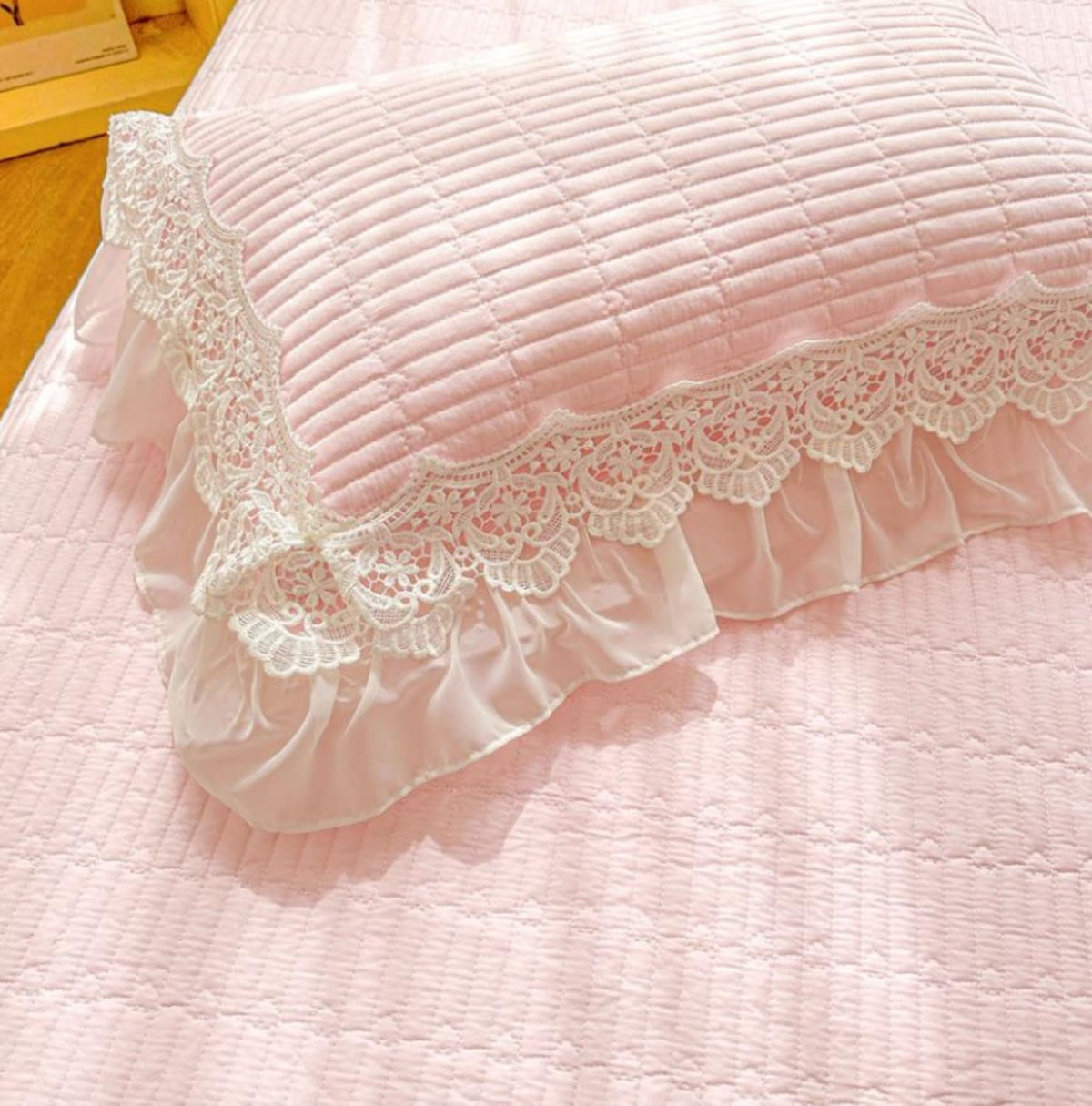 2 Pack Lace Ruffle Pillow Covers Standard Size, 100% Cotton Ruffle Pillow Case, Soft Quilted Pillowcase Decorative Pillows Shams, Shabby Chic Pillows Cases(Pink)