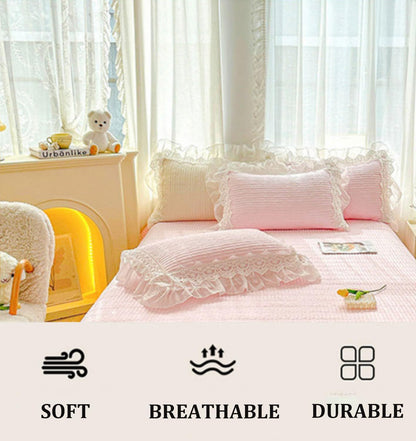 2 Pack Lace Ruffle Pillow Covers Standard Size, 100% Cotton Ruffle Pillow Case, Soft Quilted Pillowcase Decorative Pillows Shams, Shabby Chic Pillows Cases(Pink)